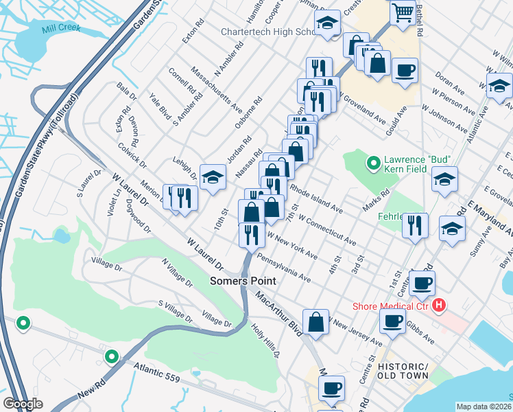 map of restaurants, bars, coffee shops, grocery stores, and more near in Somers Point