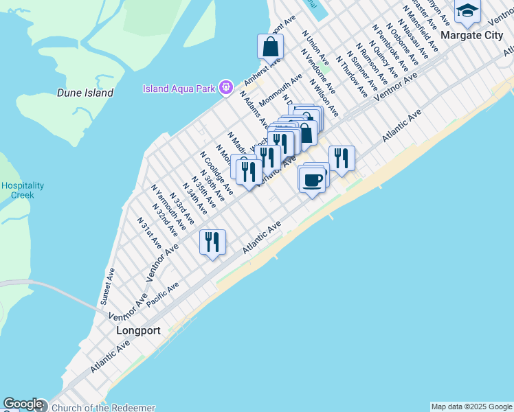 map of restaurants, bars, coffee shops, grocery stores, and more near 12 South Monroe Avenue in Margate City