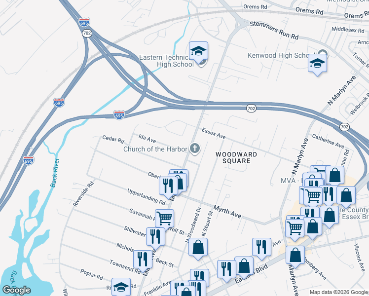 map of restaurants, bars, coffee shops, grocery stores, and more near 912 Mace Avenue in Essex