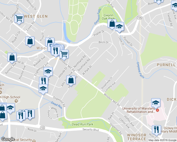 map of restaurants, bars, coffee shops, grocery stores, and more near 2676 West Park Drive in Woodlawn