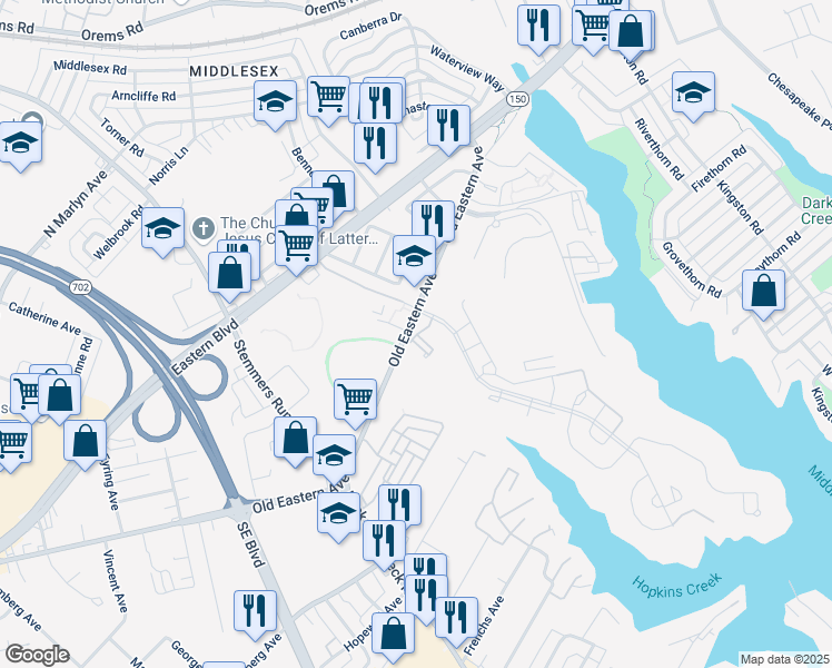 map of restaurants, bars, coffee shops, grocery stores, and more near Kathryns Court in Essex