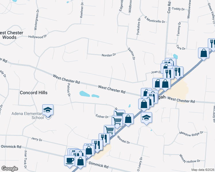 map of restaurants, bars, coffee shops, grocery stores, and more near 7556 West Chester Road in Butler County