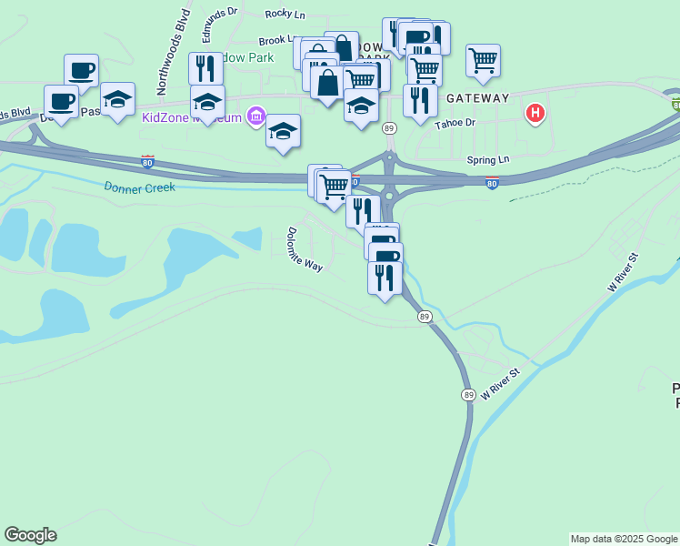 map of restaurants, bars, coffee shops, grocery stores, and more near 11420 Dolomite Way in Truckee