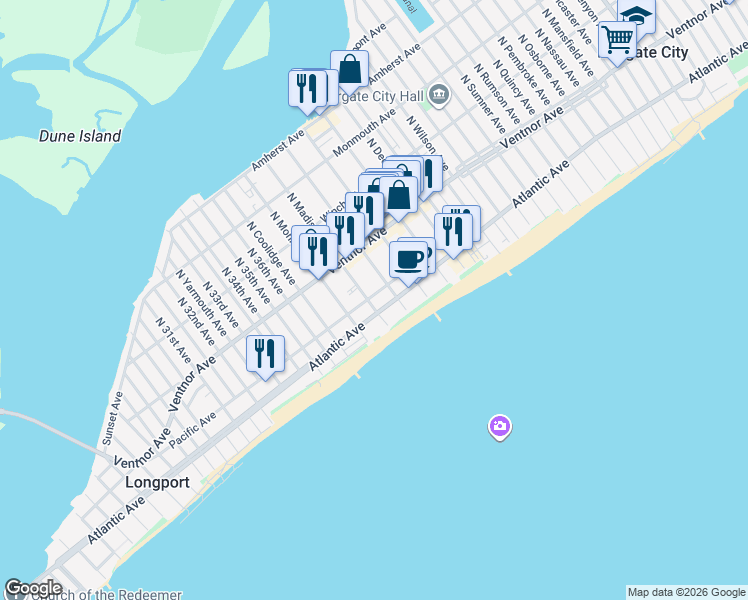 map of restaurants, bars, coffee shops, grocery stores, and more near 9610 Pacific Avenue in Margate City