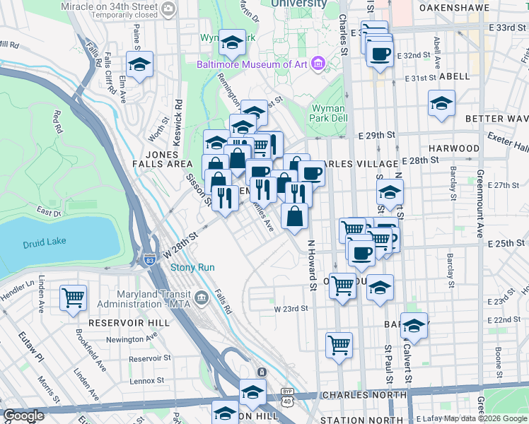 map of restaurants, bars, coffee shops, grocery stores, and more near 2703 Miles Avenue in Baltimore