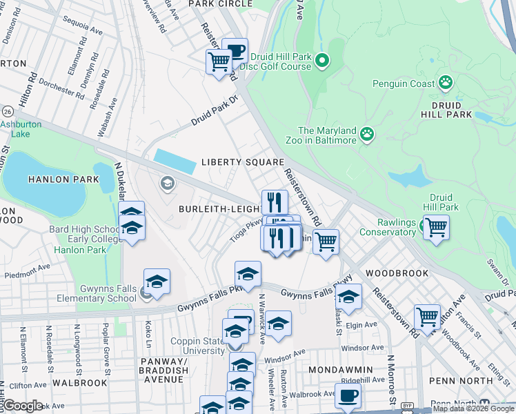 map of restaurants, bars, coffee shops, grocery stores, and more near Liberty Heights Ave & Ocala Ave in Baltimore