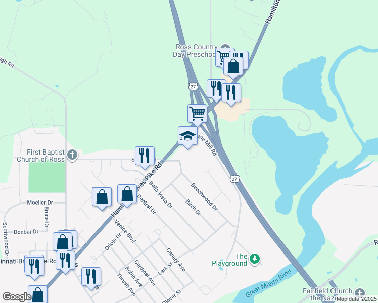 map of restaurants, bars, coffee shops, grocery stores, and more near 3980 Hamilton Cleves Road in Hamilton
