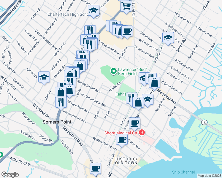 map of restaurants, bars, coffee shops, grocery stores, and more near 514 5th Street in Somers Point