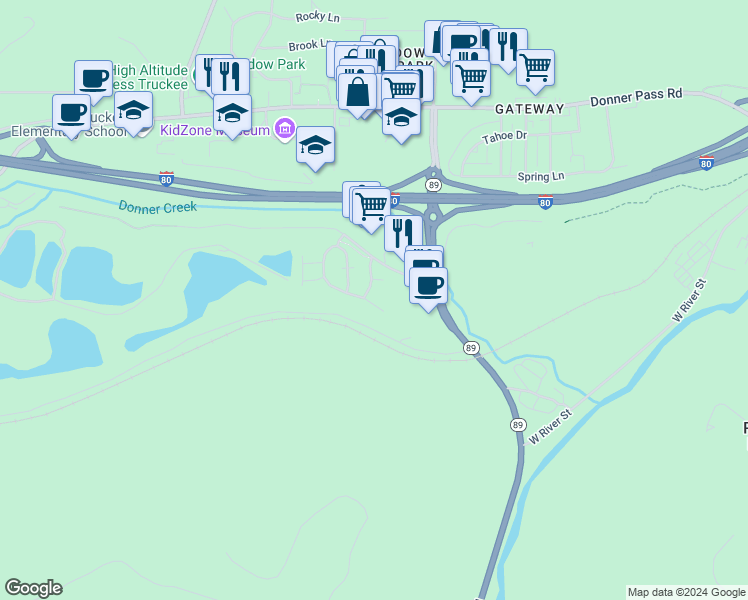 map of restaurants, bars, coffee shops, grocery stores, and more near 11420 Dolomite Way in Truckee