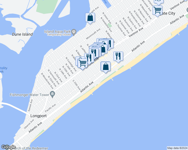 map of restaurants, bars, coffee shops, grocery stores, and more near 9610 Pacific Avenue in Margate City