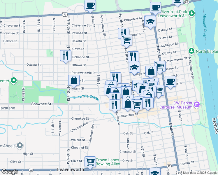 map of restaurants, bars, coffee shops, grocery stores, and more near 777 Miami Street in Leavenworth