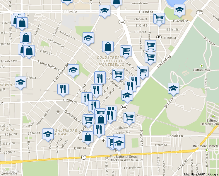 map of restaurants, bars, coffee shops, grocery stores, and more near 2621 Robb Street in Baltimore