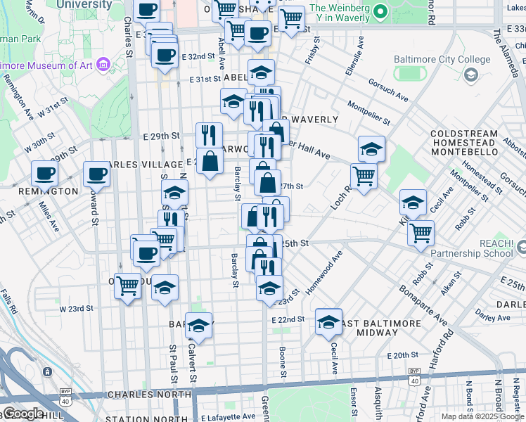 map of restaurants, bars, coffee shops, grocery stores, and more near 2552 Maryland 45 in Baltimore