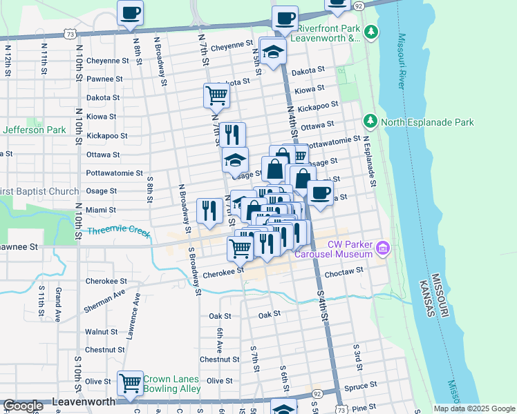 map of restaurants, bars, coffee shops, grocery stores, and more near 528 Seneca Street in Leavenworth
