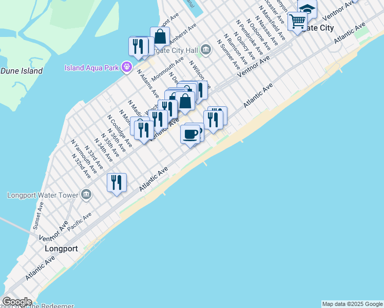 map of restaurants, bars, coffee shops, grocery stores, and more near 9500 Atlantic Avenue in Margate City