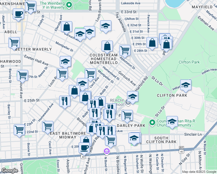 map of restaurants, bars, coffee shops, grocery stores, and more near 2621 Robb Street in Baltimore