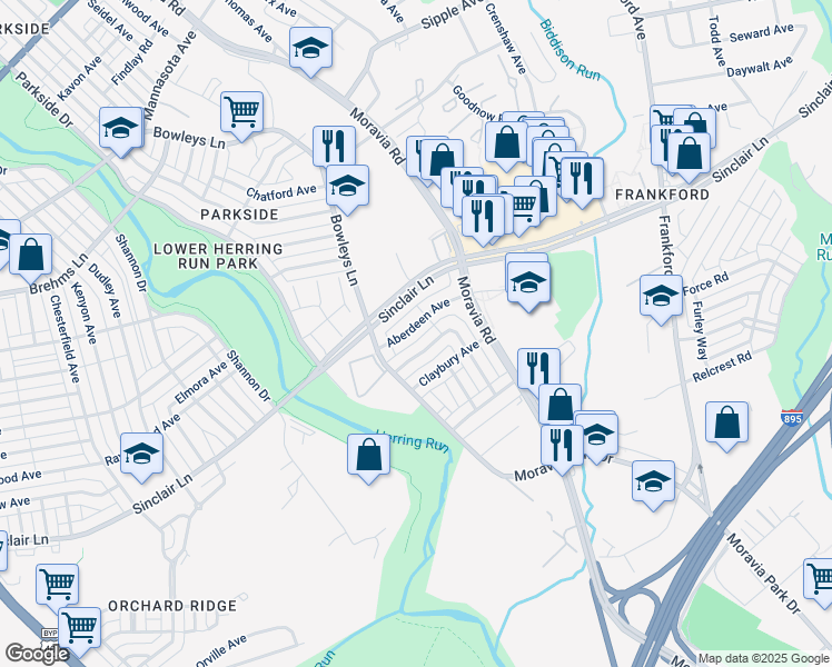 map of restaurants, bars, coffee shops, grocery stores, and more near 4829 Aberdeen Avenue in Baltimore
