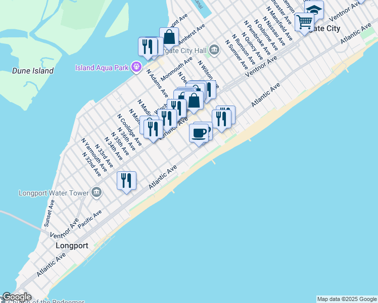 map of restaurants, bars, coffee shops, grocery stores, and more near 9500 Atlantic Avenue in Margate City