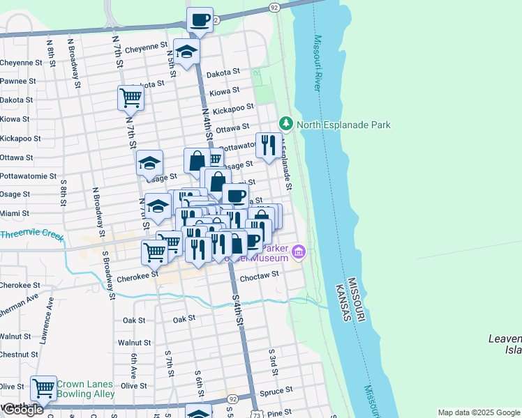 map of restaurants, bars, coffee shops, grocery stores, and more near 111 Shawnee Street in Leavenworth