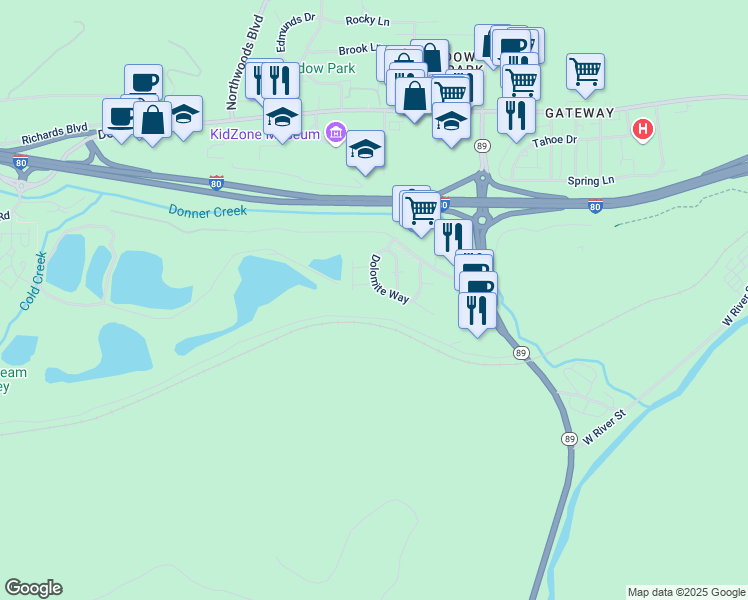 map of restaurants, bars, coffee shops, grocery stores, and more near 11549 Dolomite Way in Truckee