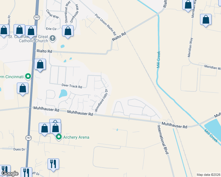 map of restaurants, bars, coffee shops, grocery stores, and more near 9464 Woodland Hills Drive in Hamilton