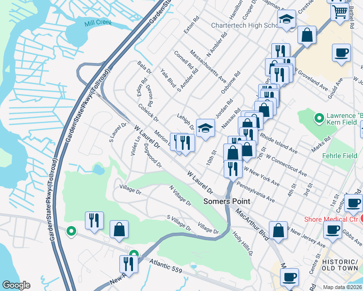 map of restaurants, bars, coffee shops, grocery stores, and more near 4 Merion Drive in Somers Point