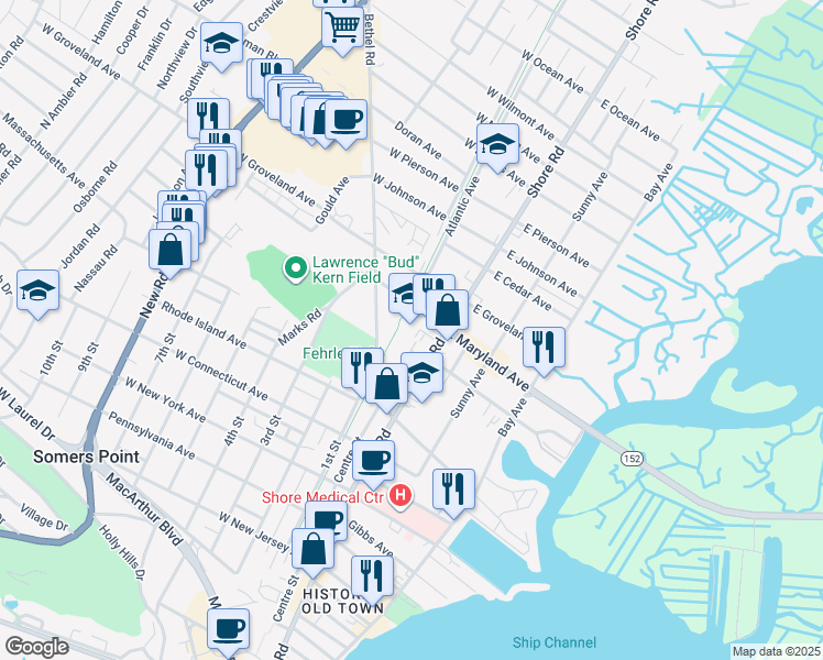 map of restaurants, bars, coffee shops, grocery stores, and more near 519 Shore Road in Somers Point