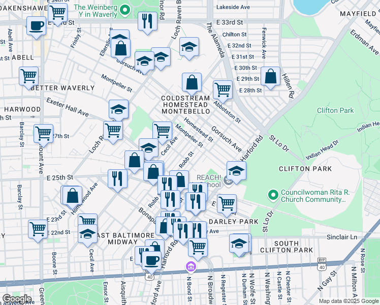 map of restaurants, bars, coffee shops, grocery stores, and more near 2618 Robb Street in Baltimore