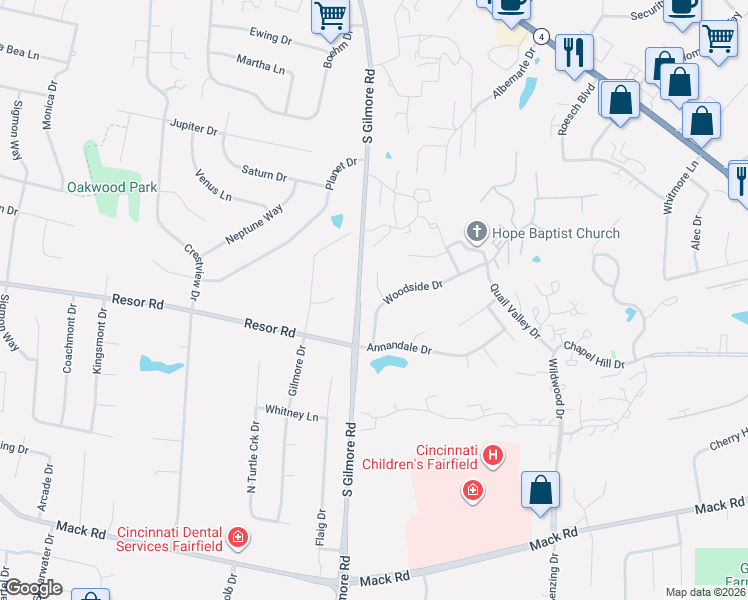 map of restaurants, bars, coffee shops, grocery stores, and more near 3032 Woodside Drive in Fairfield
