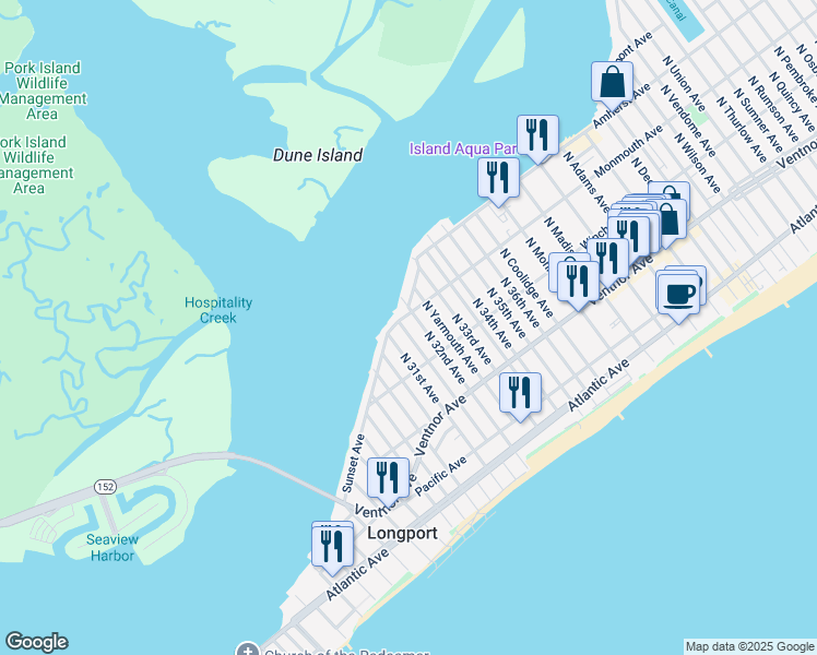 map of restaurants, bars, coffee shops, grocery stores, and more near 127 North 31st Avenue in Longport