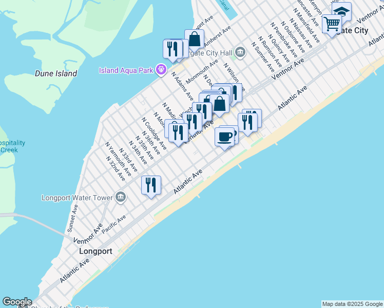 map of restaurants, bars, coffee shops, grocery stores, and more near 12 South Monroe Avenue in Margate City