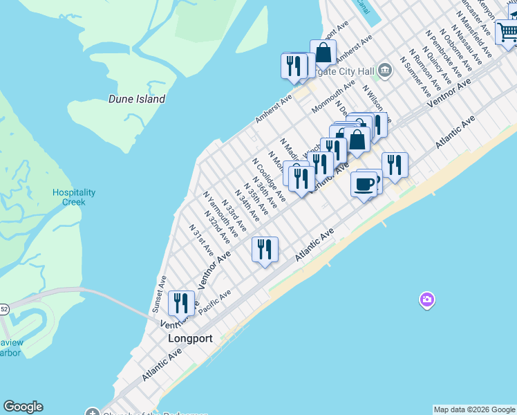 map of restaurants, bars, coffee shops, grocery stores, and more near 3 North 34th Avenue in Longport