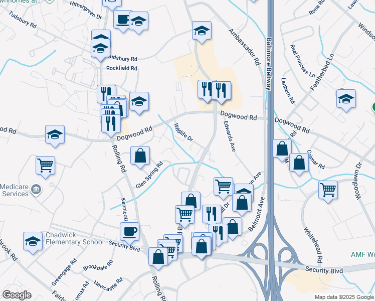 map of restaurants, bars, coffee shops, grocery stores, and more near 23 Middleview Court in Woodlawn