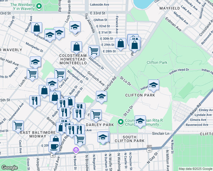 map of restaurants, bars, coffee shops, grocery stores, and more near 2632 Harford Road in Baltimore
