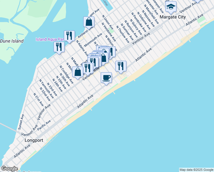 map of restaurants, bars, coffee shops, grocery stores, and more near 9400 Atlantic Avenue in Margate City