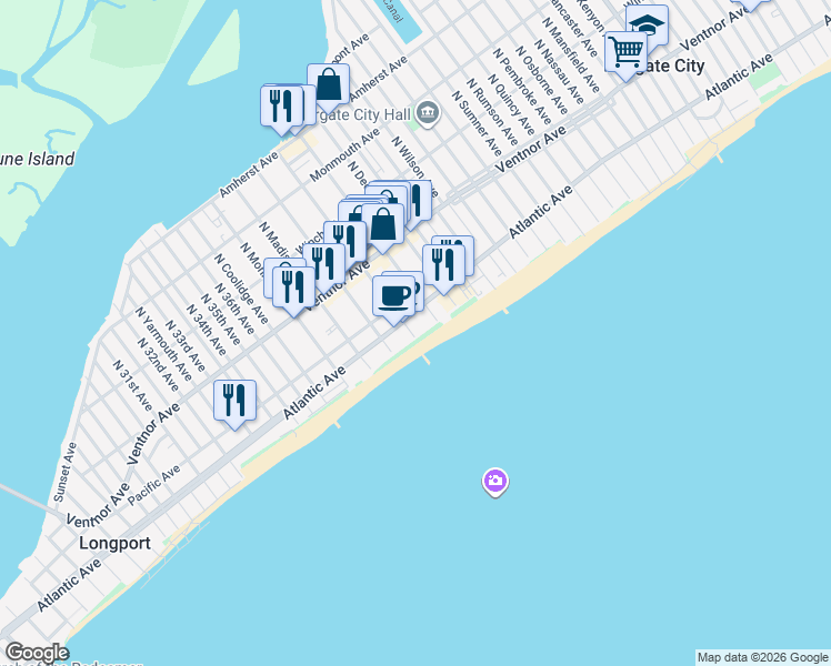 map of restaurants, bars, coffee shops, grocery stores, and more near 9300 Atlantic Avenue in Margate City