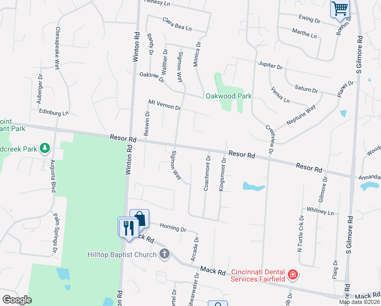 map of restaurants, bars, coffee shops, grocery stores, and more near 5820 Highwood Drive in Fairfield