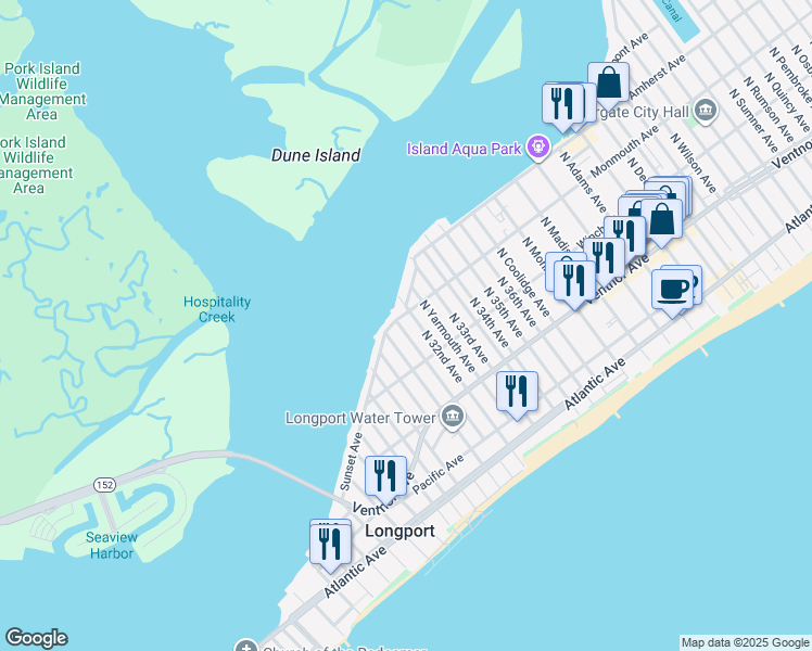 map of restaurants, bars, coffee shops, grocery stores, and more near 127 North 31st Avenue in Longport