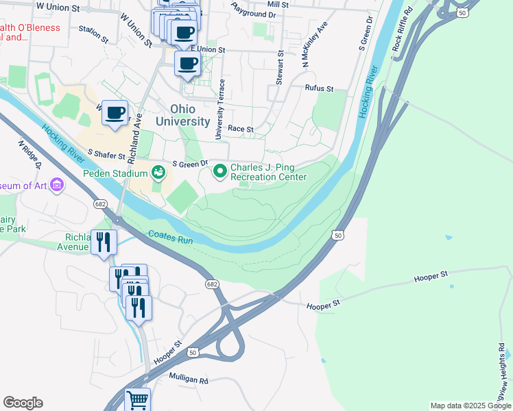 map of restaurants, bars, coffee shops, grocery stores, and more near 106 South Green Drive in Athens