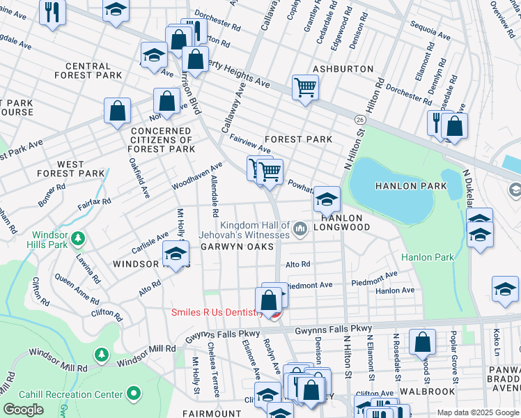 map of restaurants, bars, coffee shops, grocery stores, and more near 2807 Roslyn Avenue in Baltimore