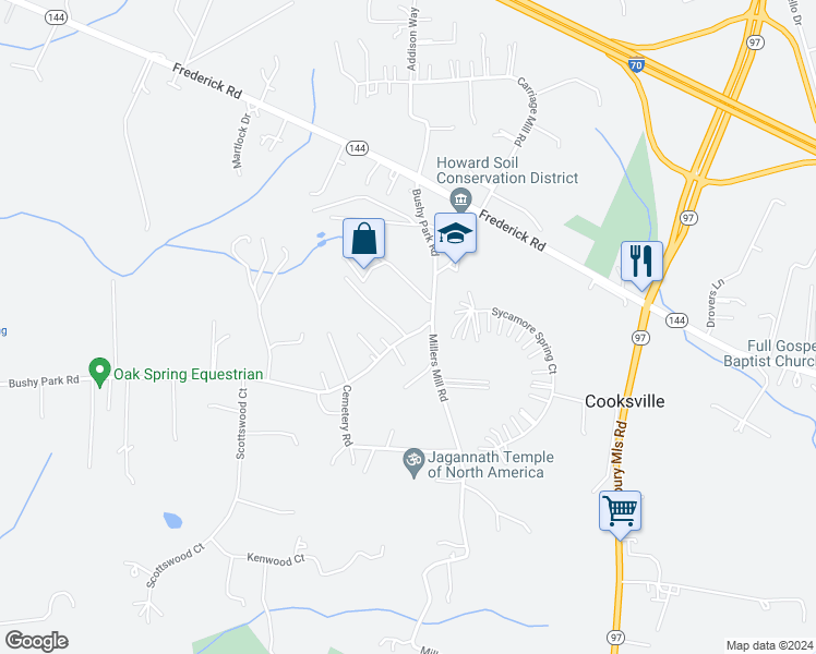 map of restaurants, bars, coffee shops, grocery stores, and more near 14806 Bushy Park Road in Woodbine