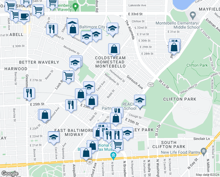 map of restaurants, bars, coffee shops, grocery stores, and more near 2613 Garrett Avenue in Baltimore