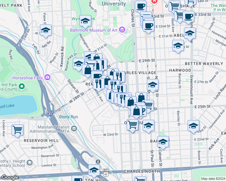 map of restaurants, bars, coffee shops, grocery stores, and more near 300 West Lorraine Avenue in Baltimore