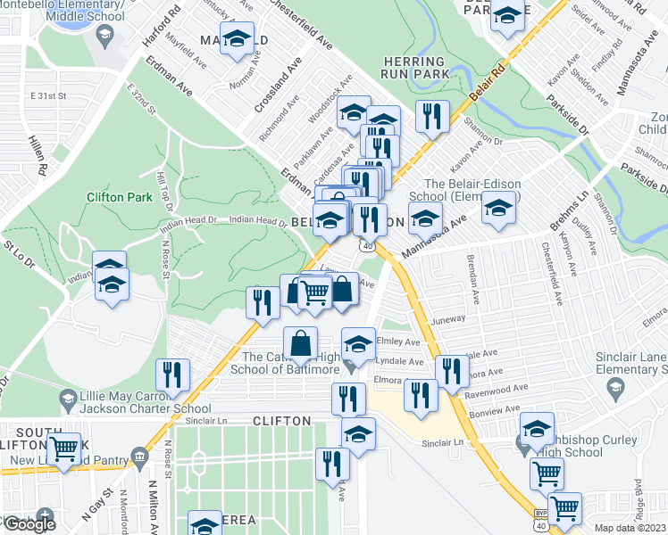 map of restaurants, bars, coffee shops, grocery stores, and more near 3110 Lawnview Avenue in Baltimore