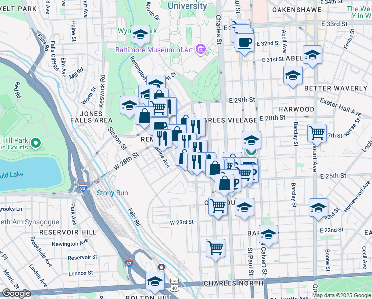 map of restaurants, bars, coffee shops, grocery stores, and more near 300 West Lorraine Avenue in Baltimore