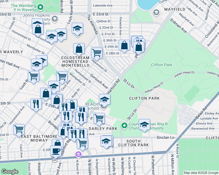 map of restaurants, bars, coffee shops, grocery stores, and more near 2636 Harford Road in Baltimore