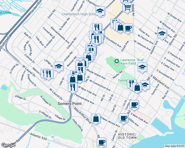map of restaurants, bars, coffee shops, grocery stores, and more near 618 Rhode Island Avenue in Somers Point