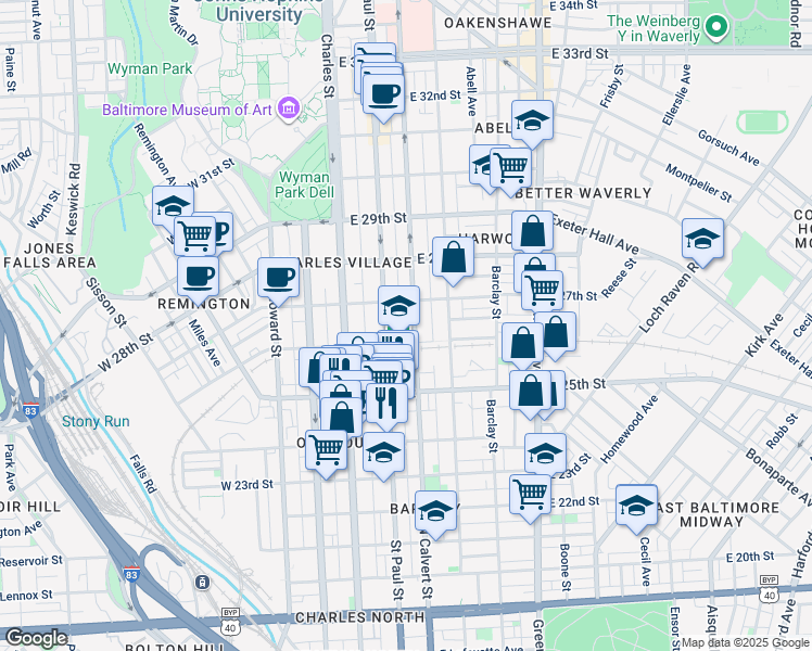 map of restaurants, bars, coffee shops, grocery stores, and more near 2618 North Calvert Street in Baltimore