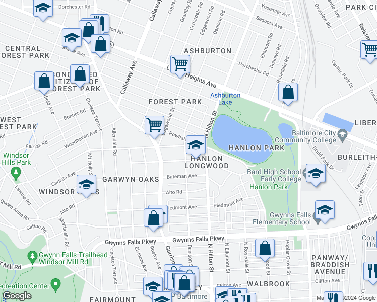 map of restaurants, bars, coffee shops, grocery stores, and more near 2801 Denison Street in Baltimore