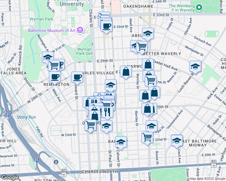 map of restaurants, bars, coffee shops, grocery stores, and more near 2618 North Calvert Street in Baltimore